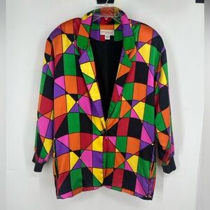 Adam Douglass Adrianna Papell vintage multicolor Geometric Print silk Blazer